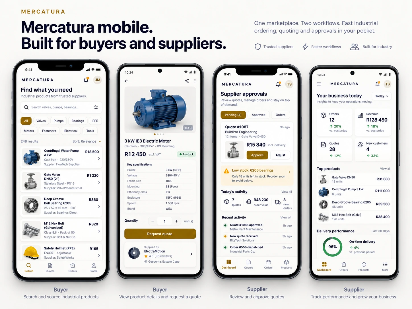 Concept screens for buyer search, product details, supplier approvals and a supplier dashboard