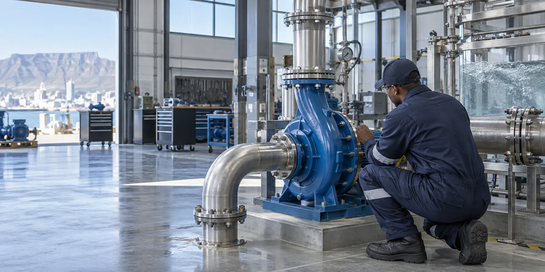 Technician inspecting a pump in a workshop