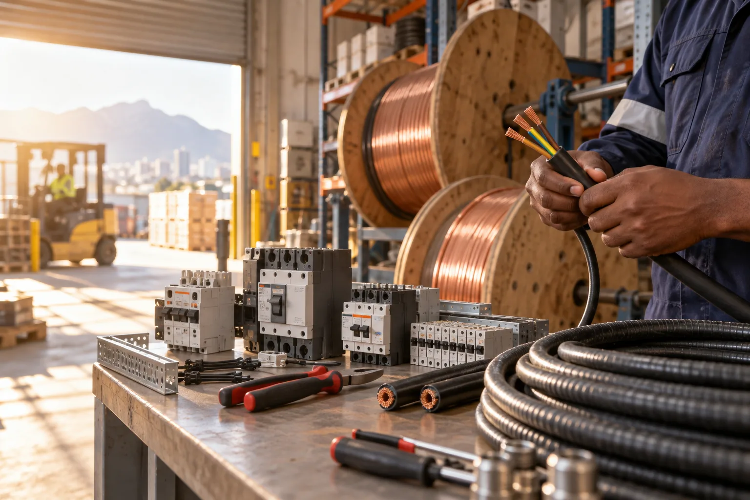 Electrical supplies and cable prepared at a trade counter