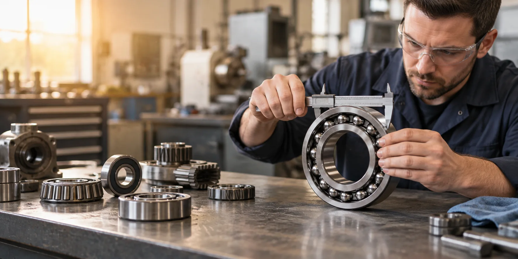 Technician measuring a ball bearing